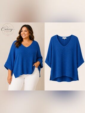 EUC Relaxed Oversize Zenana Outfitters Waffle Side Slit Blue L/XL Top